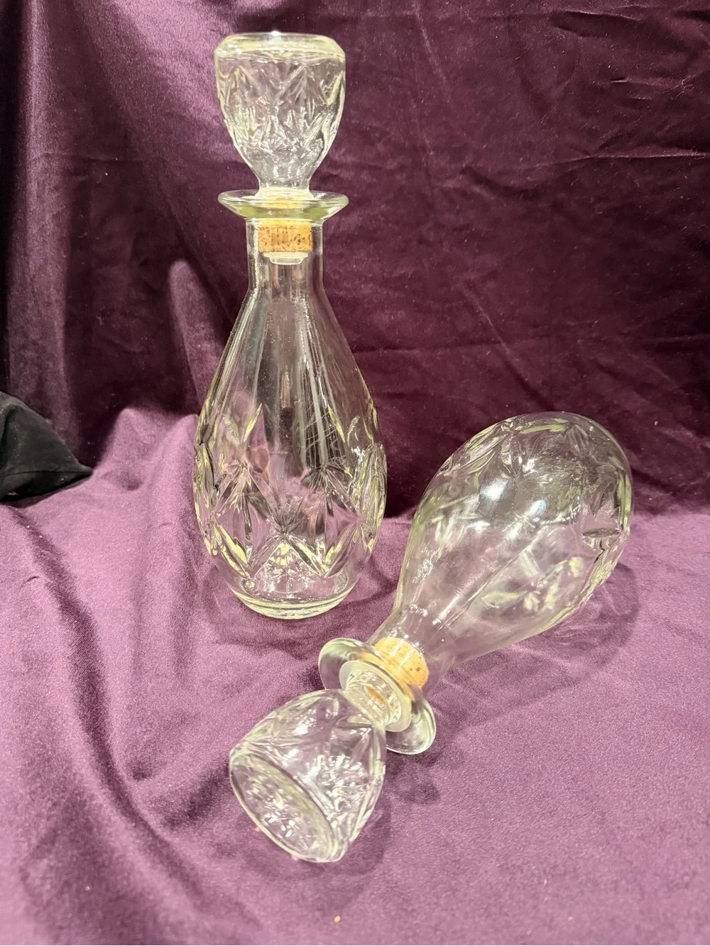 Vintage Owens-Illinois Diamond Cut Glass Decanter Pair
